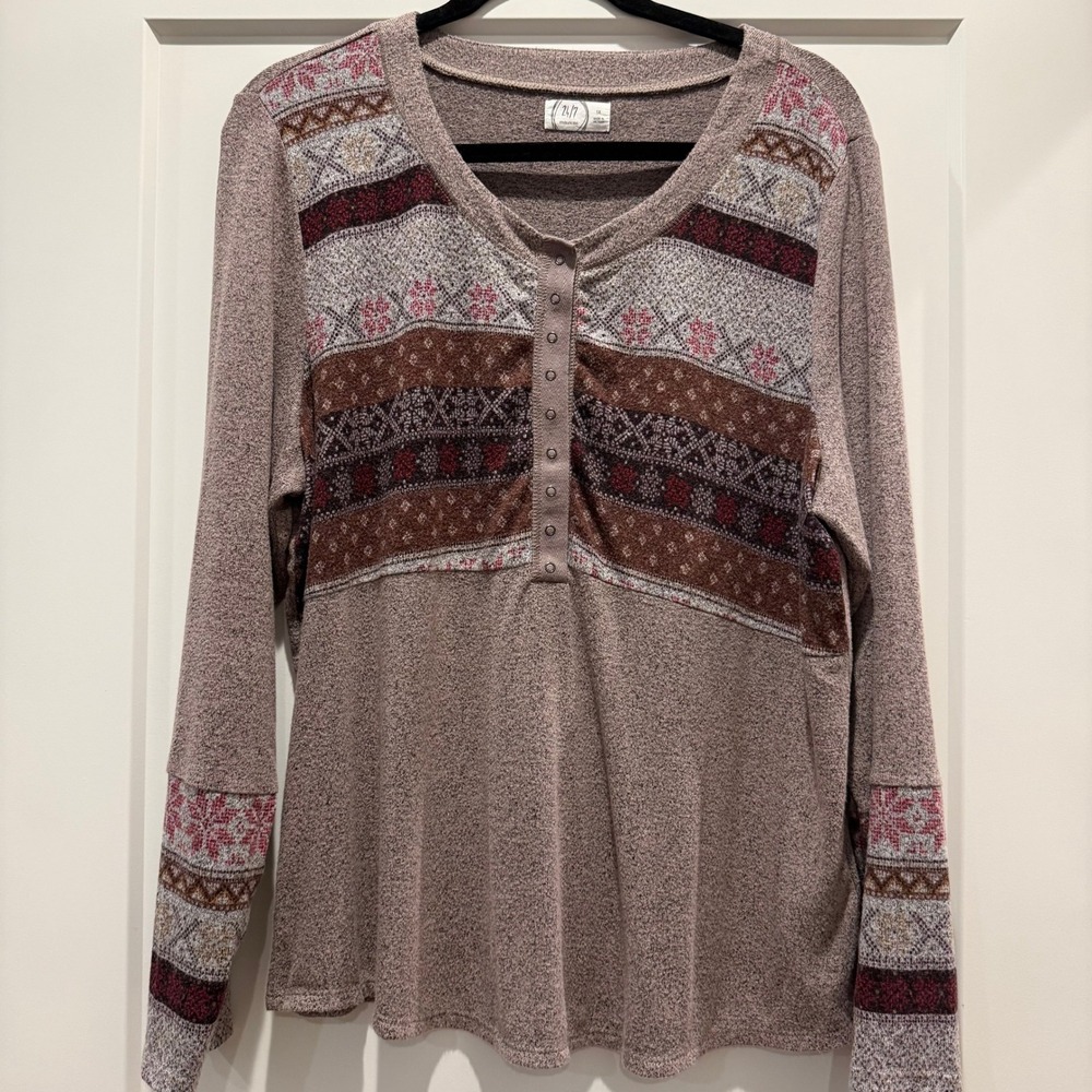 Cozy Boho Maurices 24/7 Fair Isle Henley Knit Top Plus Size 1X Soft Stretch